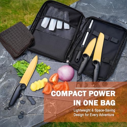 Outdoor Santoku Knife Set – 3 Titanium-Coated Knives with Grip Ring Handles, Sharpener, Cutting Board, Seasoning Bottles & Travel Case – Portable BBQ, RV & Beach Cooking Kit