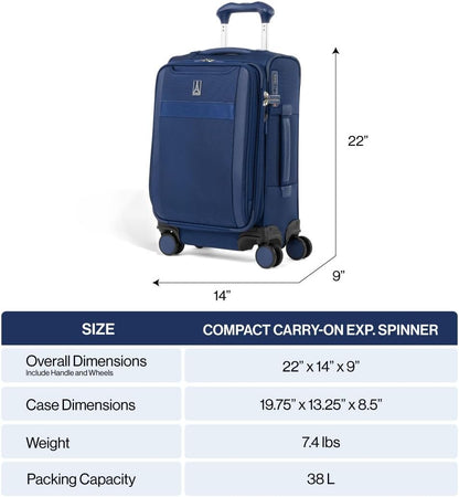 Travelpro VersaPack+ Lightweight Softside Expandable Carry on Luggage, 8 Spinner Suitcase, TSA Lock, Men and Women, Compact Carry On 20-Inch, Elemental Blue