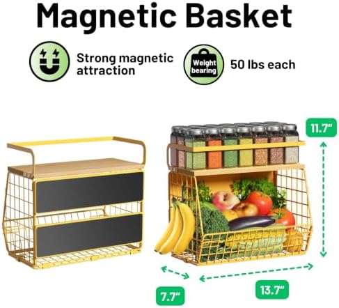 Magnetic Shelf for Fridge with Wood Lid, Fruit Potato and Onion Storage Bins, Pantry Organizers & Storage, Large Container Magnetic Spice Rack for Refrigerator, Kitchen Counter, Cabinet (Yellow, 2)