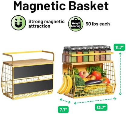 Magnetic Shelf for Fridge with Wood Lid, Fruit Potato and Onion Storage Bins, Pantry Organizers & Storage, Large Container Magnetic Spice Rack for Refrigerator, Kitchen Counter, Cabinet (Yellow, 2)
