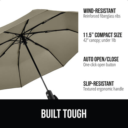 GORILLA GRIP Strong Stick Umbrella for Rain, Compact Travel One-Click Automatic Open Close, Lightweight, Portable, US Designed Reinforced Fiberglass Ribs, Wind Resistant, Easy Collapse, Beige