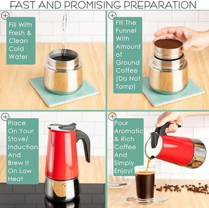 Mixpresso 6 Cup Greca Moka Pot Red Stainless Steel Stovetop Espresso Maker