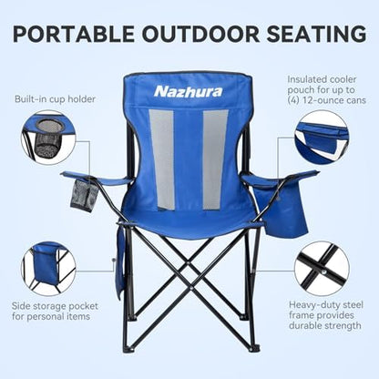 Nazhura 2 Pack Outdoor Camping Chairs Folding/Foldable/Portable with Cooler Pouch, Mesh Backrest and Cup Holder Pocket (Blue, Metal, 2 Pack)