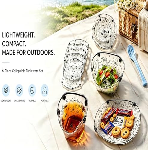 Collapsible Camping Tableware Set - 6 Pack Foldable Cups, Bowls & Plates Combo with Utensils, Lightweight, Portable, Easy to Clean & Heat Resistant for Picnic, Hiking, Travel, RV