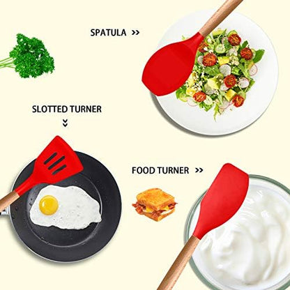 MIBOTE Silicone Cooking Kitchen Utensils Set, Wooden Handle, Red