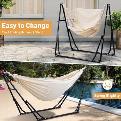 Ainfox Hammock with Foldable Stand, 2 in 1 Hammock and Swinging Chair with Carrying Bag, Portable Camping Chair Suitable for Outside, Swing,Patio,Garden,Camping Trip Beige