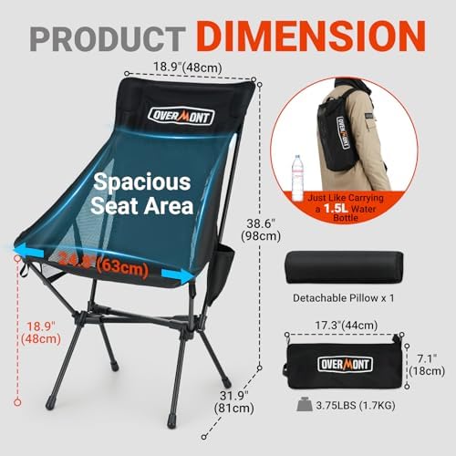 Overmont Portable High-Back Camping Chair - 440LBS Support Oversized Lightweight Folding Backpacking Chair for Adults - Compact with Detachable Pillow for Outdoor Travel Hiking Beach Fishing