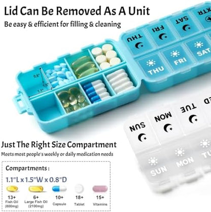 Foldable Portable 7 Day Pill Organizer 2 Times a Day, AM PM Weekly Pill Box