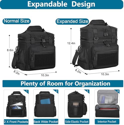 GLENKEY Tactical Lunch Box Cooler Bag - Expandable Insulated Lunch Bag for Men Daily - Large Lunchbox for Adults Work Shifts Outdoor Trips Black 16L (Pack of 2)