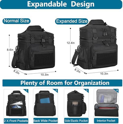 GLENKEY Tactical Lunch Box Cooler Bag - Expandable Insulated Lunch Bag for Men Daily - Large Lunchbox for Adults Work Shifts Outdoor Trips Black 16L (Pack of 2)
