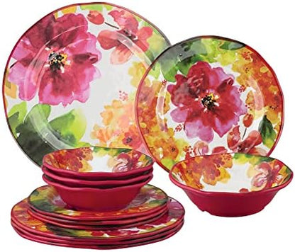 UPware 12 Piece Pink Floral Melamine Dinnerware Sets, Outdoor Dishes Set, Plates and Bowls Sets, Service for 4, Multicolor