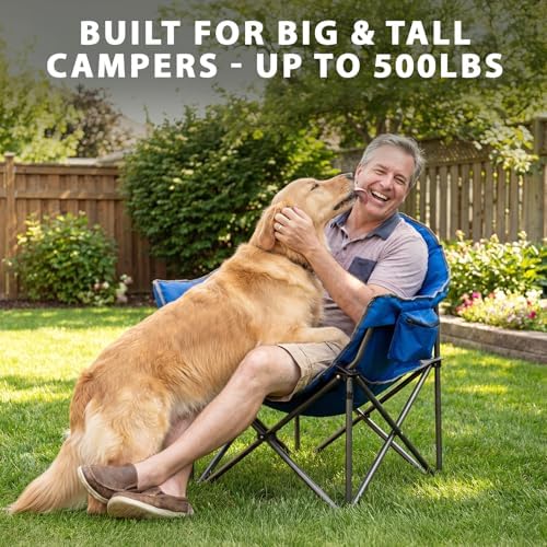 Romswi Oversized XXL Padded Camping Chairs for Adults, 1Pcs 500lbs Heavy Duty Support, 500G Ultra-Thick Cushion Sofa-Like Comfort, Folding Lawn Chair with Cooler Bag & Side Pockets, Blue