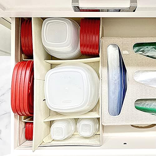 Food Storage Container Organizer Box – A Kitchen Drawer Organizer Compatible with Rubbermaid, Glad Containers and Lids – Adjustable Foldable Cloth Box