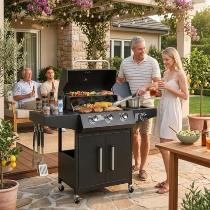 ROVSUN 3-Burner Propane Gas BBQ Grill with Side Burner & Enameled Cast Iron Grates, 46,000 BTU Barbecue Grill with Wheels for Outdoor Patio Backyard Cooking Grilling, Black