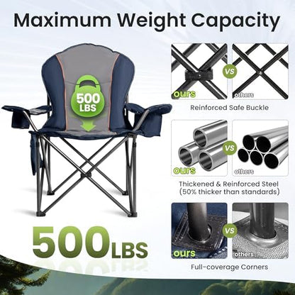 2 Pack Folding Camping Chairs for Adults - High Back Padded Outdoor Lawn Chairs with Lumbar Support & Cup Holder, 500lbs Heavy Duty Portable Camping Chairs Set (Blue & Gray, 2 PCS)
