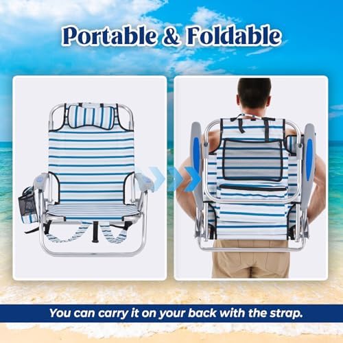 2 Pack Lightweight Portable Camping Beach Chair for Adults, Outdoor Lay Flat Folding Beach Chairs with 5 Positions, Backpack Beach Chair with Towel Bar, Zipper Pouch, Cup Holder, White Striped