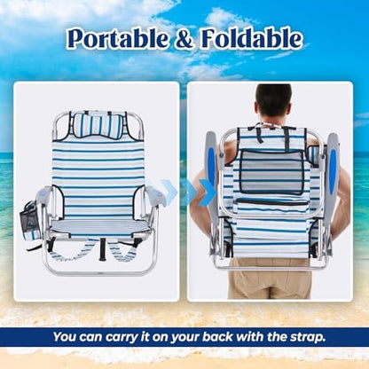 2 Pack Lightweight Portable Camping Beach Chair for Adults, Outdoor Lay Flat Folding Beach Chairs with 5 Positions, Backpack Beach Chair with Towel Bar, Zipper Pouch, Cup Holder, White Striped