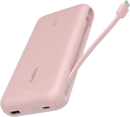 Belkin Portable Charger, Power Bank with Integrated Cable 20000 mAh 30W - Fast Charging USB C Power Delivery, iPhone Charger - iPhone 16 Series, iPad Pro, Galaxy S25 Series, & More - Pink