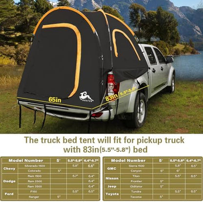 Pickup Truck Blackout Tent for for 5.5 FT Bed, 2 Person, NO Rainfly, Waterproof PU2000mm, Camping, Hiking, Fishing, Foldable, Easy Setup, Black