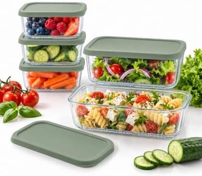 Glass Food Storage Containers with Lids - 10 Piece - 3 x 25.4 oz & 2 x 57.5 oz Glass with BPA-Free Leak Resistant Stackable Lids - Microwave, Oven & Dishwasher Safe - Ideal for Meal Prep - Soft Sage