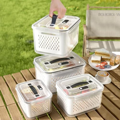 4 Pack Large Fruit Storage Containers for Fridge with vent holes and handle，Airtight Food Storage Containers Keep Fruits, Vegetables, Berry, Fresh longer,BPA-free Fridge Storage Container with Lid