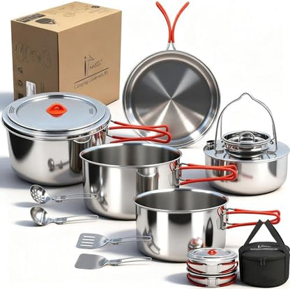 Foldable 18/8 Stainless Steel Camping Cookware 11pcs for 4-8 People