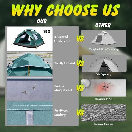 2-3 Person Camping Tent Automatic Instant Pop-Up Tents for Camping Easy and Quick Setup Camping Tent Waterproof Tent Family Tent for Camping/Backpacking/Hiking/Beach/Backyard/Outdoor Events