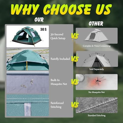 2-3 Person Camping Tent Automatic Instant Pop-Up Tents for Camping Easy and Quick Setup Camping Tent Waterproof Tent Family Tent for Camping/Backpacking/Hiking/Beach/Backyard/Outdoor Events