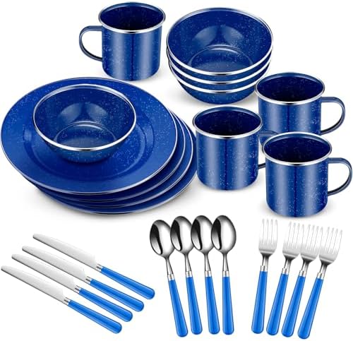 Nuogo 24 Pcs Camping Dinnerware Enamel Mugs Plates Bowls Utensils, Blue