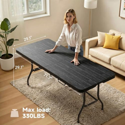 Heavy Duty Folding Table, Sturdy Portable Foldable Table with Safety Lock, Indoor Outdoor Use for Camping Party, 6/8 Foot (Standard, Black-Wood Grain, 6FT-1 Pack)