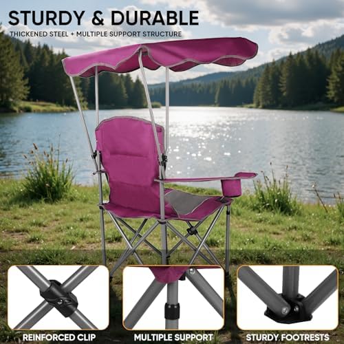 Northroad Folding Camping Chairs with Canopy Shade, Beach Chair w/Cup Holders, Armrests & Carry Bag for Outdoors Travel Sports Fishing, Purple