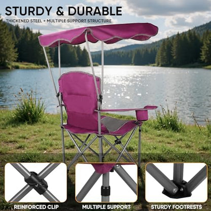 Northroad Folding Camping Chairs with Canopy Shade, Beach Chair w/Cup Holders, Armrests & Carry Bag for Outdoors Travel Sports Fishing, Purple
