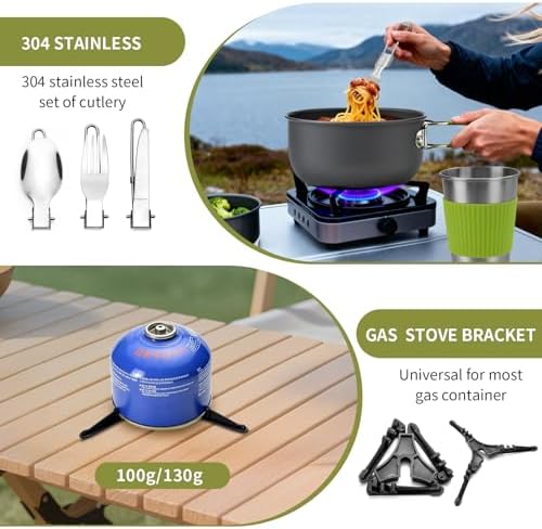 aiGear 8pcs Camping Cooking Set for 1-2 People with Pot Cutlery Stove Stand