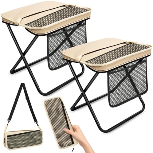 2 Pcs XL Foldable Backpack Stool for Adults, 14.2" Wide Seat & Knee-Friendly Folding Stool Pocket Chair, Portable Chairs, Heavy Duty Collapsible Camping Seat for Fishing Travel - Khaki