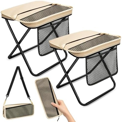 2 Pcs XL Foldable Backpack Stool for Adults, 14.2" Wide Seat & Knee-Friendly Folding Stool Pocket Chair, Portable Chairs, Heavy Duty Collapsible Camping Seat for Fishing Travel - Khaki