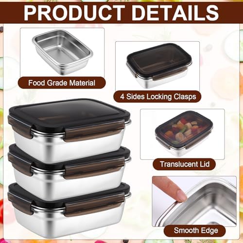 12 Pcs 29oz/ 850 ml 304 Stainless Steel Food Containers with Lid, FDA Registered Airtight Lunch Container Reusable Meal Prep Storage Box Freezer/Dishwasher Safe for Home Kitchen