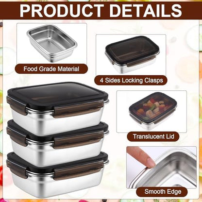12 Pcs 29oz/ 850 ml 304 Stainless Steel Food Containers with Lid, FDA Registered Airtight Lunch Container Reusable Meal Prep Storage Box Freezer/Dishwasher Safe for Home Kitchen