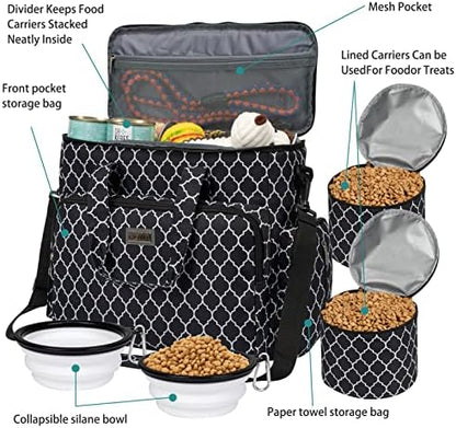 BAGLHER Dog Travel Bag, Pet Travel Bag (ALL Pet Travel Supplies), With 2 Pet Food Containers and 2 Collapsible Silicone Bowls; Essential Kits for Pet Travel DLblack