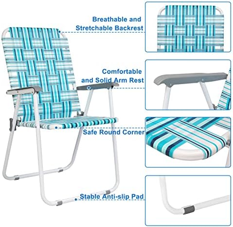 VINGLI Patio Lawn Webbed Folding Chairs Set of 2, Outdoor Beach Chair Portable Dining Chair for Outdoor Yard, Garden (White & Blue, Classic)