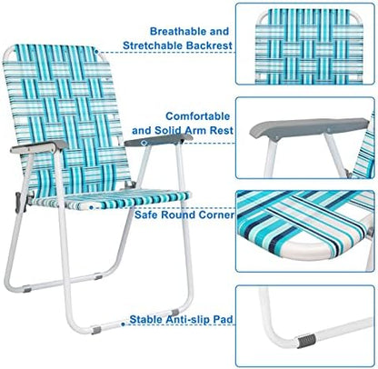 VINGLI Patio Lawn Webbed Folding Chairs Set of 2, Outdoor Beach Chair Portable Dining Chair for Outdoor Yard, Garden (White & Blue, Classic)