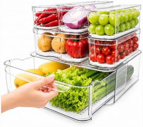SMRCAD Clear Fridge Bins with Drain Trays - BPA-Free PET, Stackable(6 Pack)