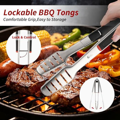BBQ Tools Set, 4 PCS Heavy Duty Stainless Steel Spatula, Fork, Tongs with Portable Bag, Essential Accessories for Barbecue Outdoor Grill, Grilling Gifts for Men Dad Camp Chef