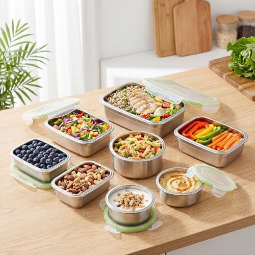 8 Pcs 304 Stainless Steel Food Storage Containers with Lids Leakproof, Reusable Airtight Meal Preparation Container Round and Square Stackable Food Container for Kitchen Picnic(Green Lids)