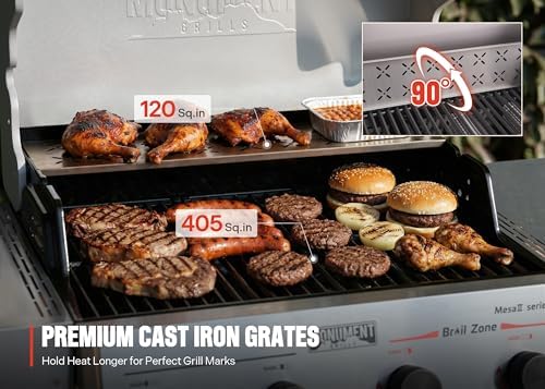 Monument Grills 4 Burner Propane Gas Grill with Broil Zone, Stainless Steel Patio Mesa 2 Barbecue Grill with Cooking Plate, Foldable Side Shelves, Fast Heating, Fast Assembly, Mesa II 410FBZ