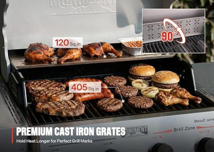 Monument Grills 4 Burner Propane Gas Grill with Broil Zone, Stainless Steel Patio Mesa 2 Barbecue Grill with Cooking Plate, Foldable Side Shelves, Fast Heating, Fast Assembly, Mesa II 410FBZ