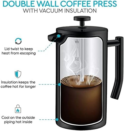 Large Insulated French Press Coffee Maker, Matte-Black Stainless Steel 50oz