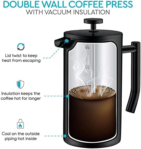 French Press Coffee Maker, 34oz Insulated Stainless Steel, Matte Black