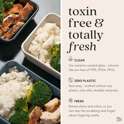 Glass Food Storage Container with Lid, 5-Cup Medium Square | Microwave-Safe Airtight Lid, Oven-Safe Ceramic-Coated Glass | Zero Plastic, No PFAS/PFOA/BPA, Reusable [Smoke]