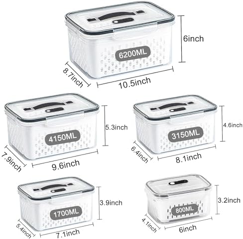 5 Pack Large Fruit Storage Containers for Fridge with vent holes and handle，Airtight Food Storage Containers Keep Fruits, Vegetables, Berry, Meat Fresh longer,BPA-free Fridge Storage Container