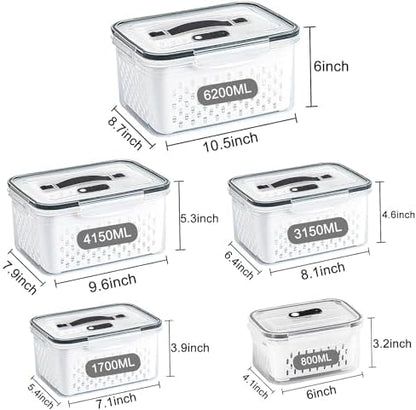 5 Pack Large Fruit Storage Containers for Fridge with vent holes and handle，Airtight Food Storage Containers Keep Fruits, Vegetables, Berry, Meat Fresh longer,BPA-free Fridge Storage Container